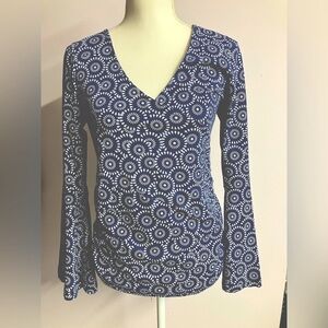 Zig Zag Organic Dandelion Women’s Top/Blouse, M, Bell Sleeves, Navy Blue/White
